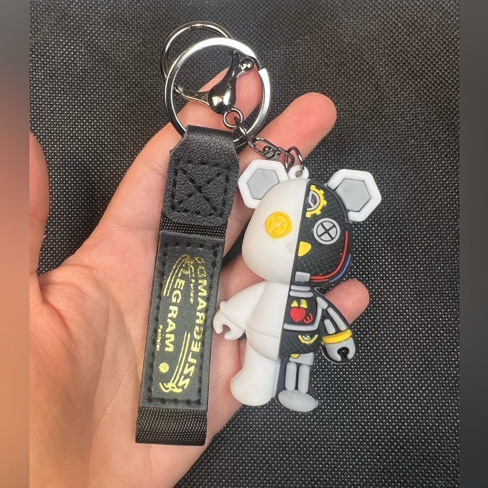 Black & White Cyberpunk Bear Keychain with Strap - Picture 4 of 4